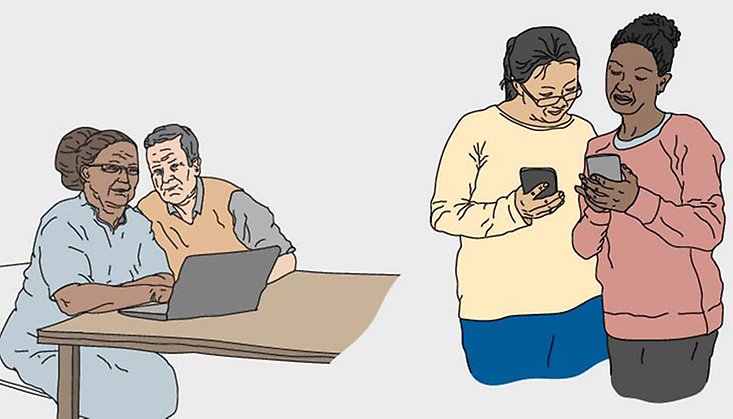 Tecknad bild som visar fyra personer. Två män och två kvinnor, som tittar på en dator respektive en mobiltelefon