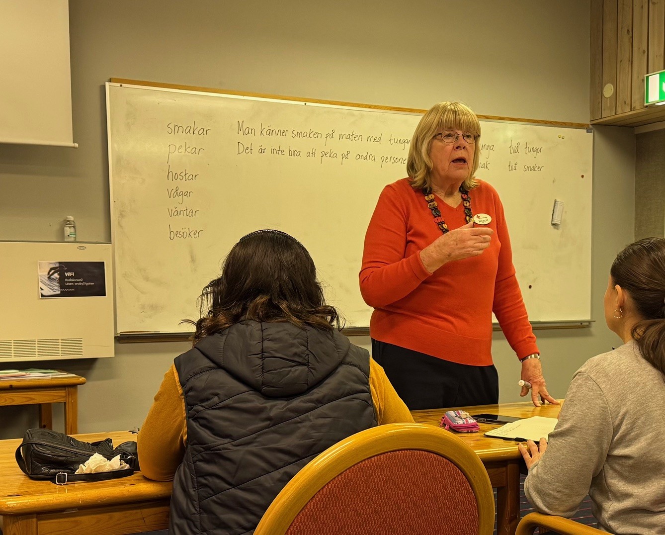 Kvinnlig lärare står framför vita tavlan och pratar. Rygg på två lyssnande deltagare syns i förgrunden.