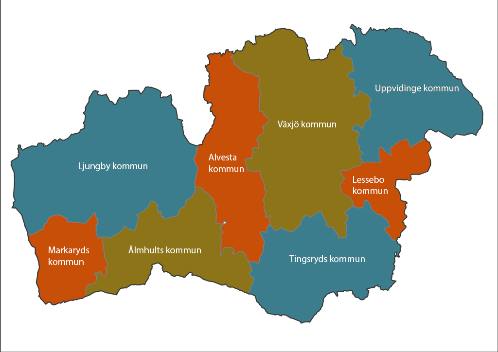 Karta över kommunerna i Kronobergs län.